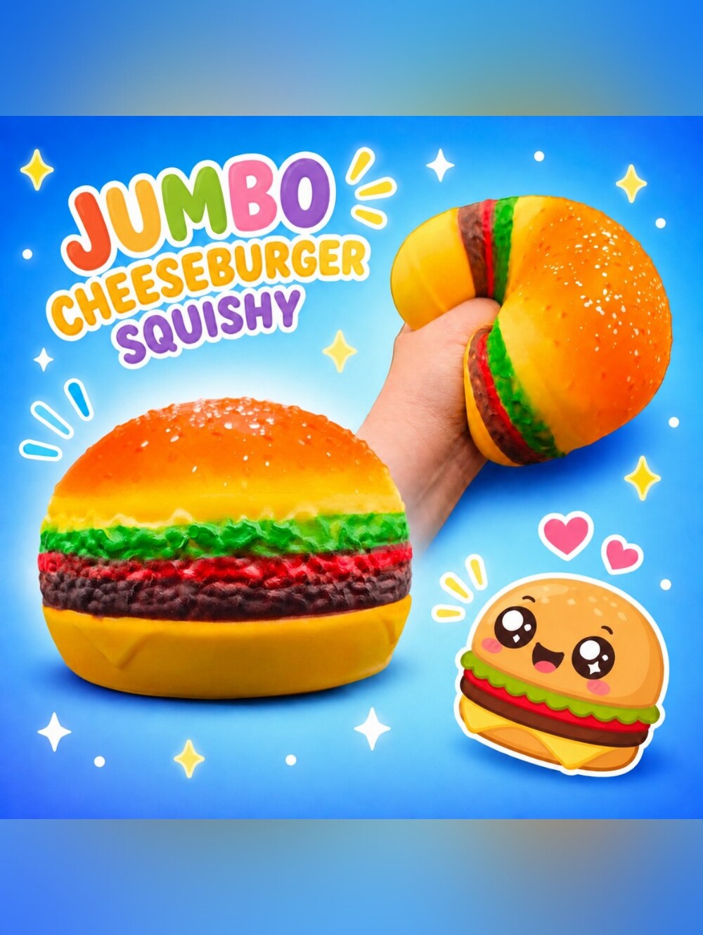 JUMBO Cheeseburger Squishy ☆ Squeezable Fidget Toy Gag Gift *NEW with Box*